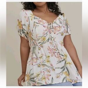 Torrid Women's White Floral Print Crinkle Smocked Back Babydoll Top Size 6X